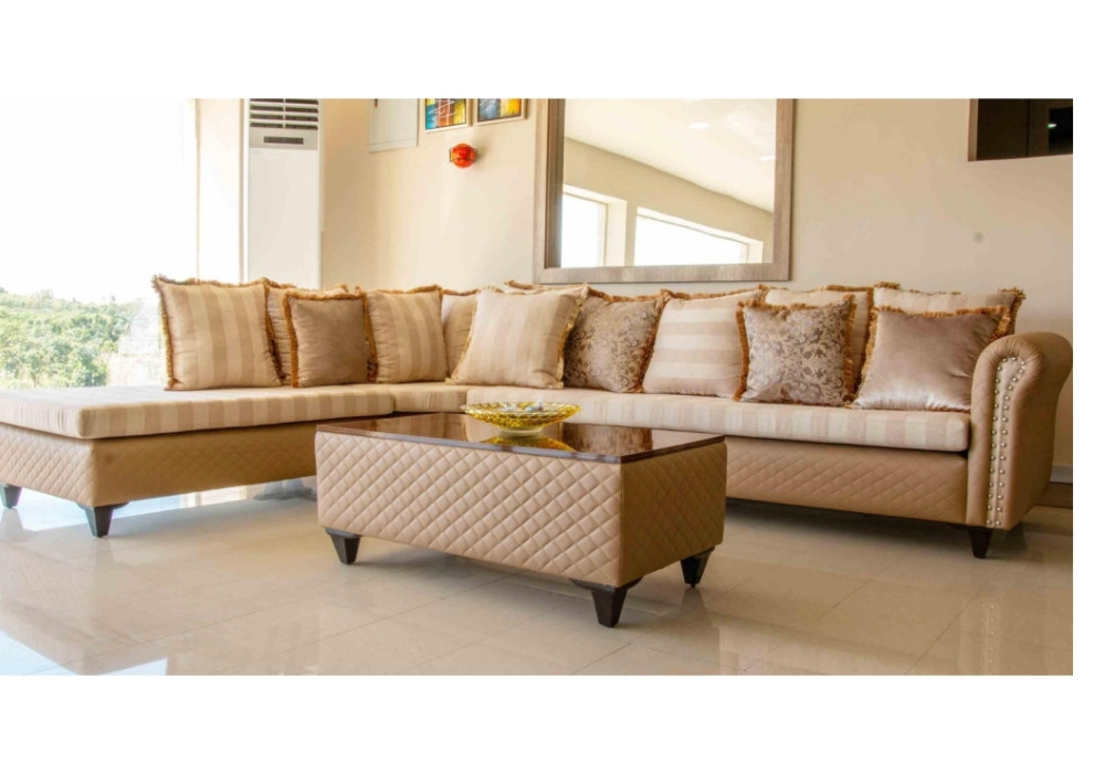 Soft Leaher L- Shape & Leather/Glass Centre Table